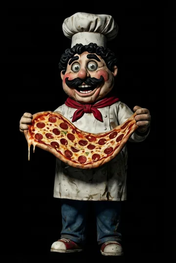 Chef P holding his pizza in the original character artwork