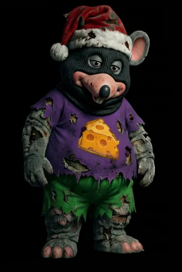 Chunk in his original Santa hat, black ski mask, and green pants