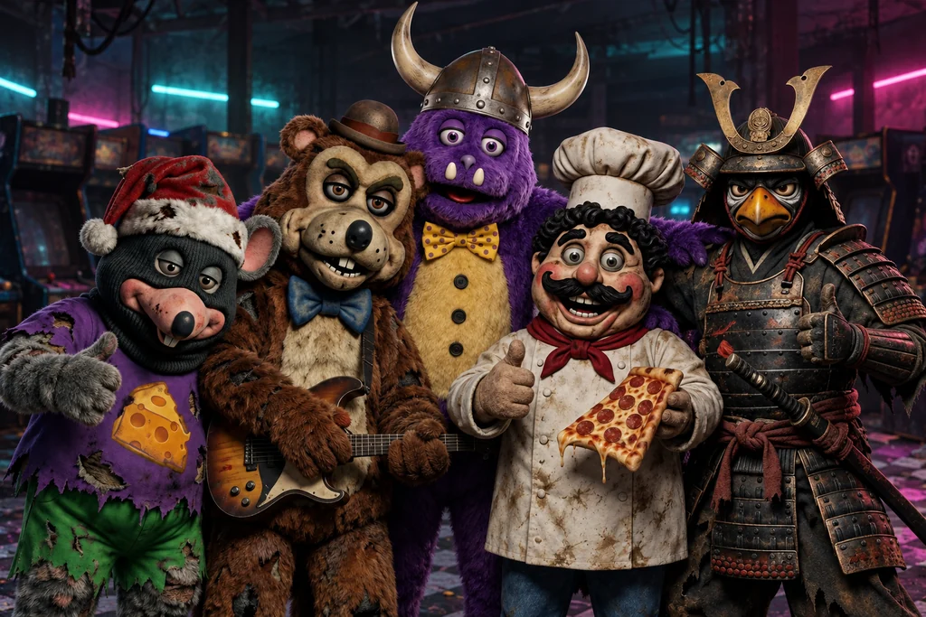 Chunk, Bobo, Big Munny, Henja and Chef P together in their neon-lit arcade.