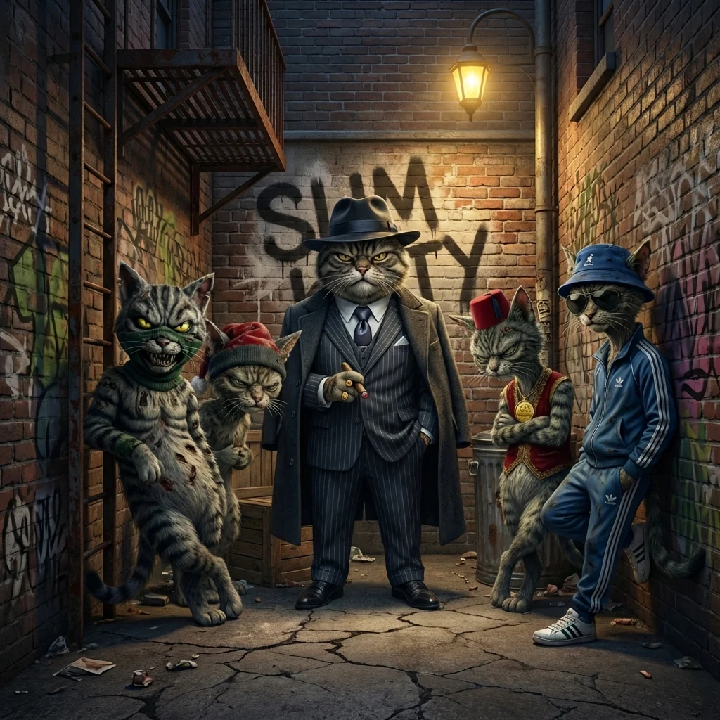 The five cats of the Slim Kitty Syndicate gathered around Slim Kitty the Don in a lamp-lit brick alley.